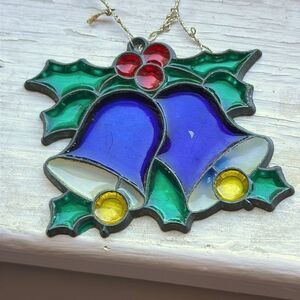 Small stained glass look blue Christmas bells sun catcher or ornament